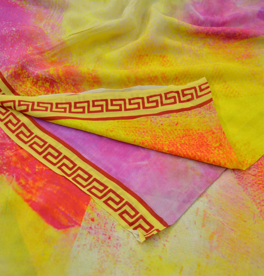 Indian Vintage Sari Yellow Pure Crepe Silk Tie-Dye Printed Sarees Craft Fabric 6yd Sewing Wrap Upcycle Quilting Crafting Dress designing