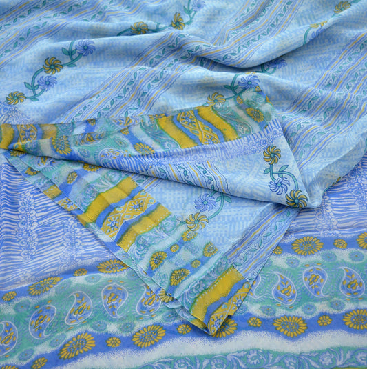 Indian Vintage Sari Blue 100% Pure Georgette Silk Printed Sarees Sewing 5yd Craft Soft Dress Designing for Crafting Dress making Upcycle