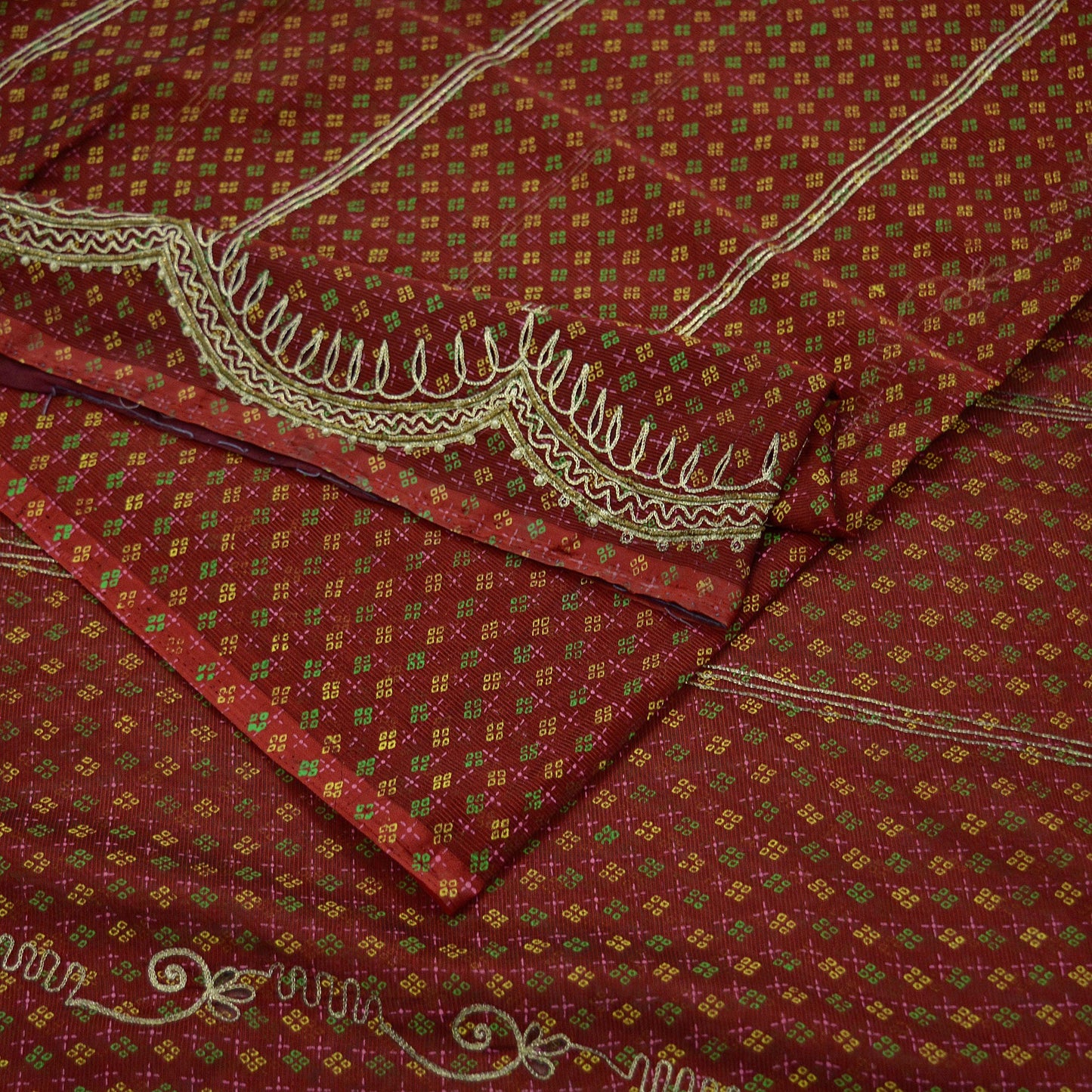 Indian Vintage Sari Maroon Hand Embroidered Georgette Saree Craft Fabric 5Yd Ethnic Zardozi/Dabka Zari Dress making Zardozi/ Dabka Zari