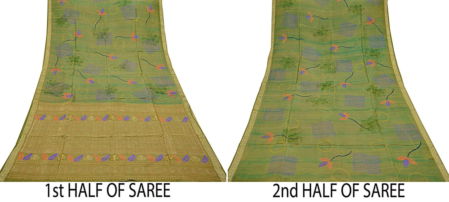 Indian Vintage Sari Green Pure Silk Hand Woven Sarees Craft Fabric 5Yd Sewing Ethnic Zari Border Dress Making Crafting Quilting Upcycle