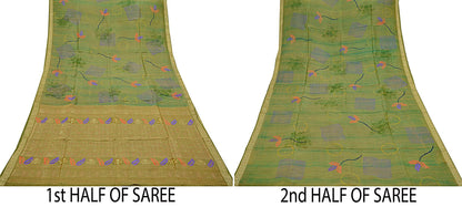 Indian Vintage Sari Green Pure Silk Hand Woven Sarees Craft Fabric 5Yd Sewing Ethnic Zari Border Dress Making Crafting Quilting Upcycle