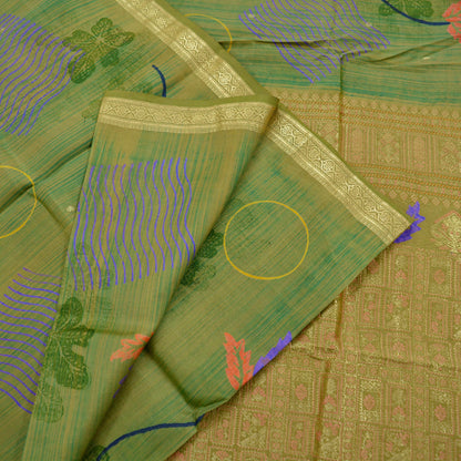 Indian Vintage Sari Green Pure Silk Hand Woven Sarees Craft Fabric 5Yd Sewing Ethnic Zari Border Dress Making Crafting Quilting Upcycle
