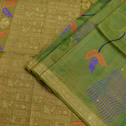 Indian Vintage Sari Green Pure Silk Hand Woven Sarees Craft Fabric 5Yd Sewing Ethnic Zari Border Dress Making Crafting Quilting Upcycle