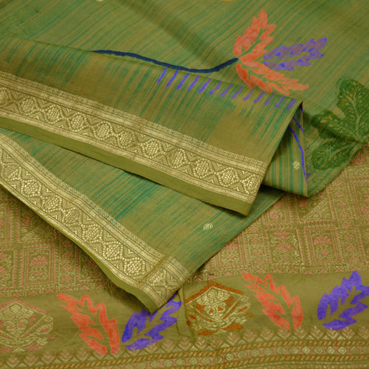 Indian Vintage Sari Green Pure Silk Hand Woven Sarees Craft Fabric 5Yd Sewing Ethnic Zari Border Dress Making Crafting Quilting Upcycle