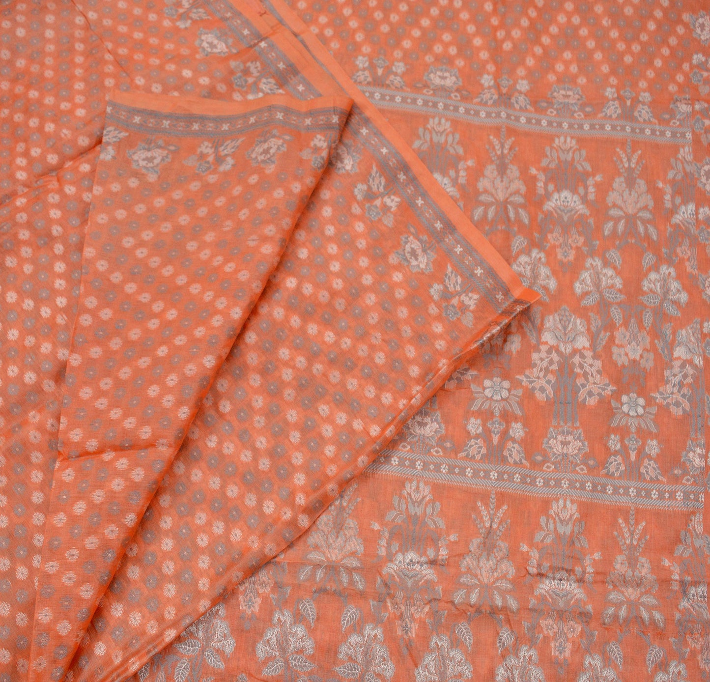 Indian Vintage Sari Orange Pure Tussar Silk Hand Woven Sarees Craft Fabric 5Yd Sewing Ethnic Floral Upcycle Crafting Quilting Dress making