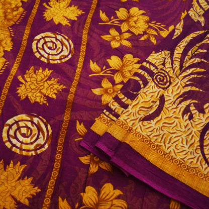 Indian Vintage Sari Purple Printed Pure Cotton Saree Craft Soft Fabric 5Yard Sewing Sarong Wrap Boho Floral