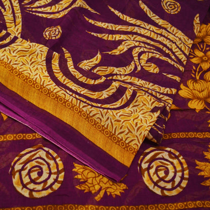 Indian Vintage Sari Purple Printed Pure Cotton Saree Craft Soft Fabric 5Yard Sewing Sarong Wrap Boho Floral