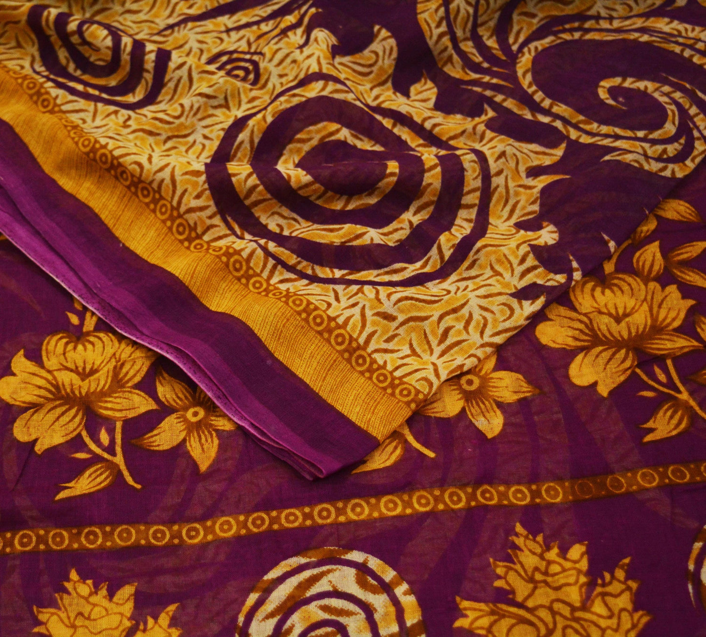 Indian Vintage Sari Purple Printed Pure Cotton Saree Craft Soft Fabric 5Yard Sewing Sarong Wrap Boho Floral