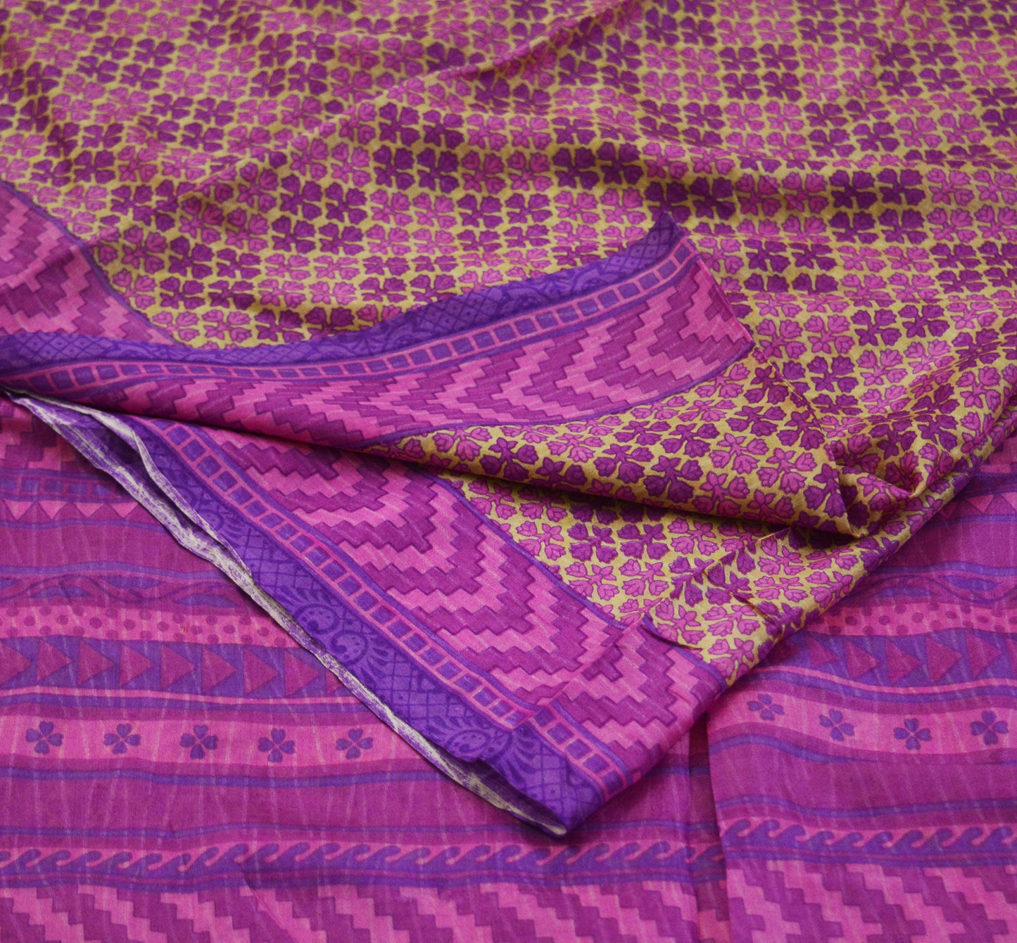 Indian Vintage Sari Beige & Purple 100% Pure Silk Printed Saree 5yd Sewing Craft Fabric DressMaking  Soft Floral