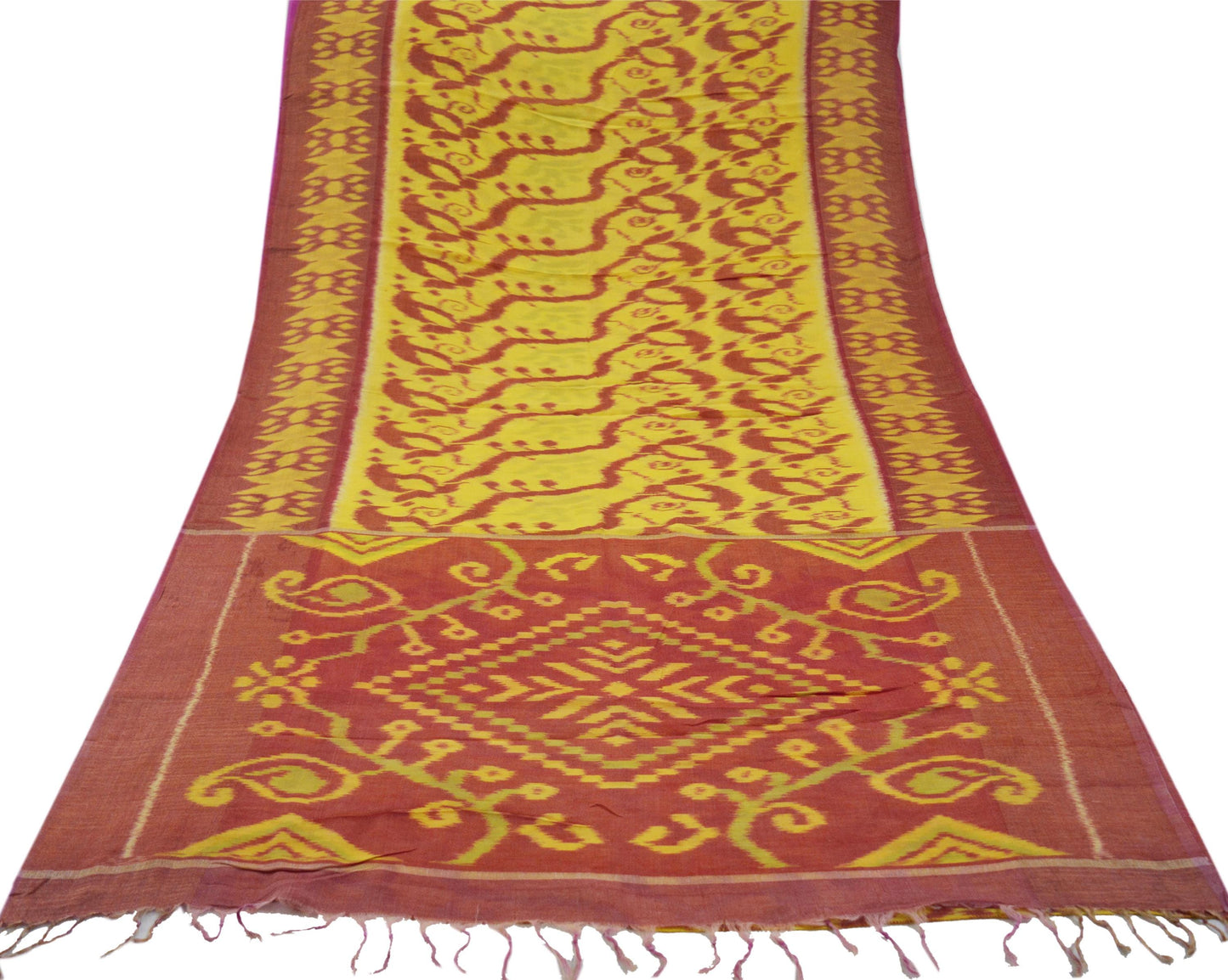 Indian Vintage Sari Yellow & Red Pure Silk Hand Woven Odisha Patola Sarees Craft Fabric 5yd Zari Border Fringes Crafting Quilting Upcycle