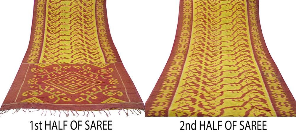 Indian Vintage Sari Yellow & Red Pure Silk Hand Woven Odisha Patola Sarees Craft Fabric 5yd Zari Border Fringes Crafting Quilting Upcycle