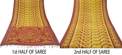 Indian Vintage Sari Yellow & Red Pure Silk Hand Woven Odisha Patola Sarees Craft Fabric 5yd Zari Border Fringes Crafting Quilting Upcycle