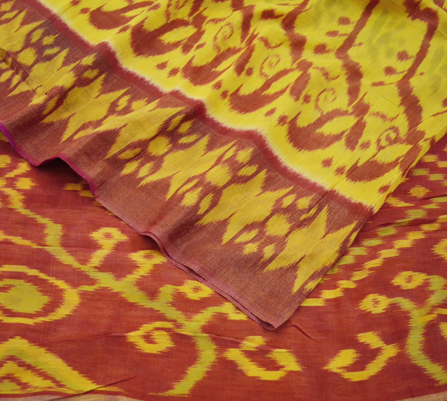 Indian Vintage Sari Yellow & Red Pure Silk Hand Woven Odisha Patola Sarees Craft Fabric 5yd Zari Border Fringes Crafting Quilting Upcycle