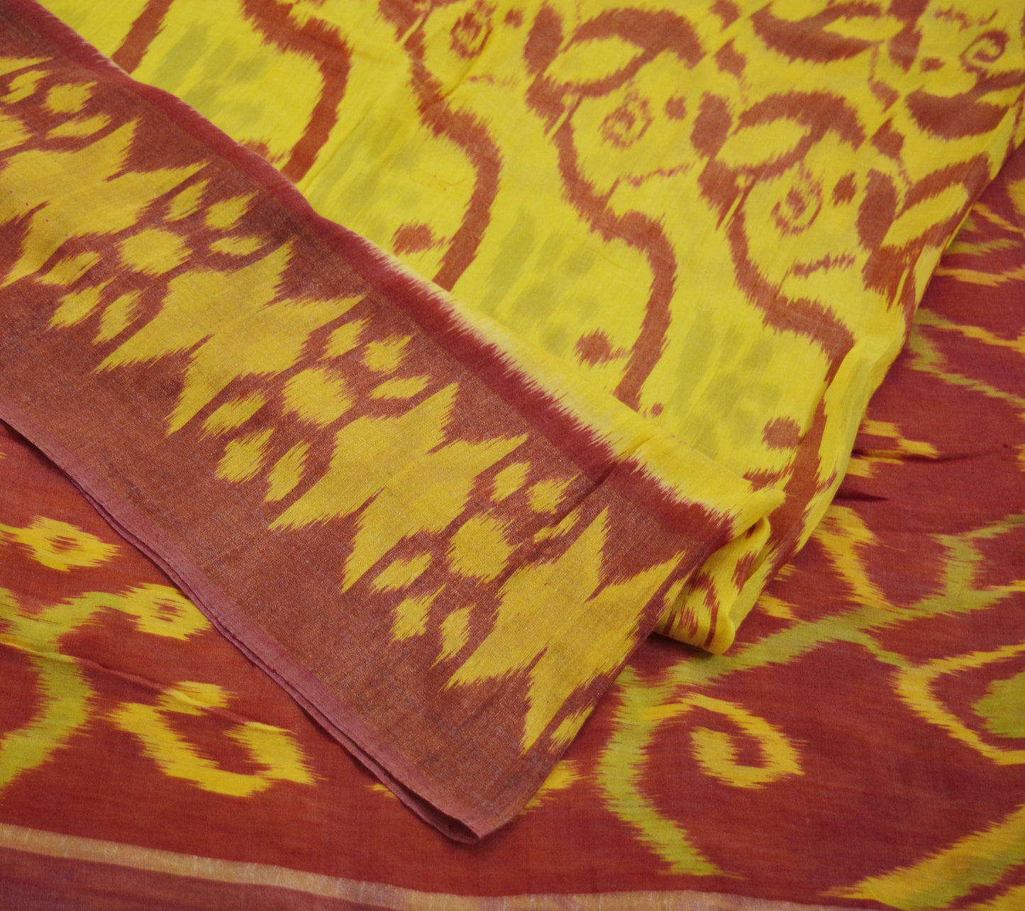 Indian Vintage Sari Yellow & Red Pure Silk Hand Woven Odisha Patola Sarees Craft Fabric 5yd Zari Border Fringes Crafting Quilting Upcycle