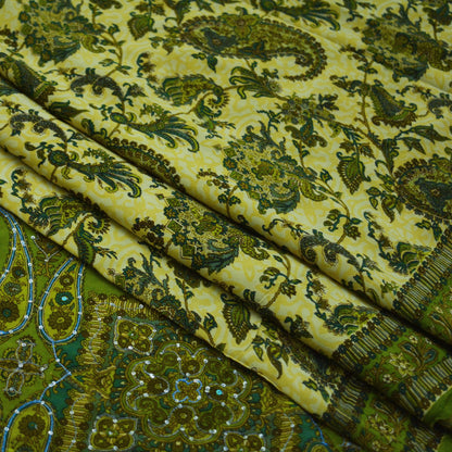 Indian Vintage Sari Green & Beige Pure Crepe Silk Hand Embroidered Saree 5yard Sewing Floral Craft Sequins