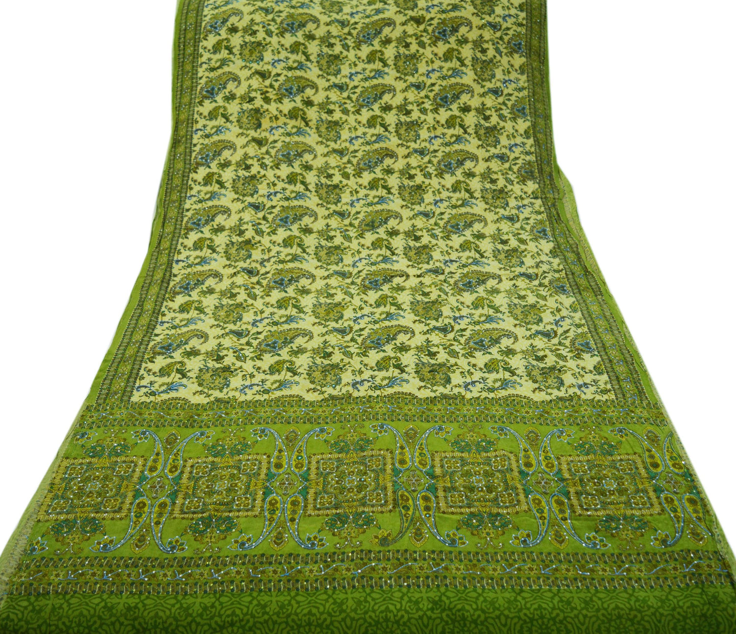 Indian Vintage Sari Green & Beige Pure Crepe Silk Hand Embroidered Saree 5yard Sewing Floral Craft Sequins