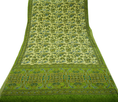 Indian Vintage Sari Green & Beige Pure Crepe Silk Hand Embroidered Saree 5yard Sewing Floral Craft Sequins