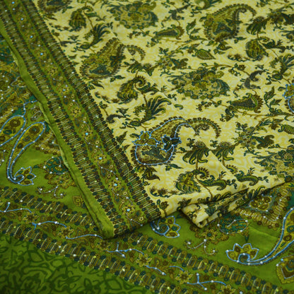 Indian Vintage Sari Green & Beige Pure Crepe Silk Hand Embroidered Saree 5yard Sewing Floral Craft Sequins