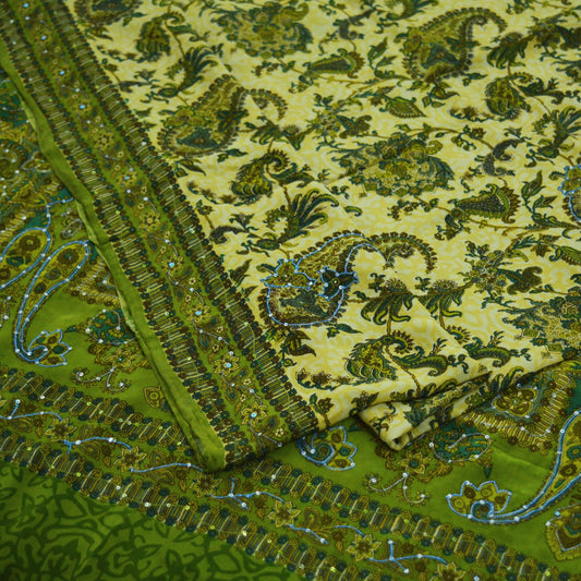 Indian Vintage Sari Green & Beige Pure Crepe Silk Hand Embroidered Saree 5yard Sewing Floral Craft Sequins