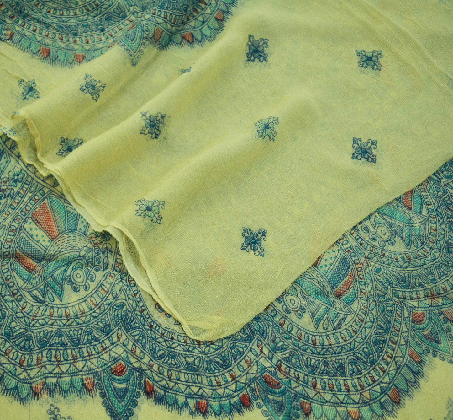 Vintage Beige Dupatta Long Stole Pure Chiffon Silk Kalamkari Printed Scarves Veil Hijab Peacock Design