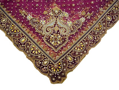 Indian Vintage Heavy Purple Dupatta Net Mesh Long Stole Hand Embroidered Scarves Golden Zardozi Dabka Zari Stole