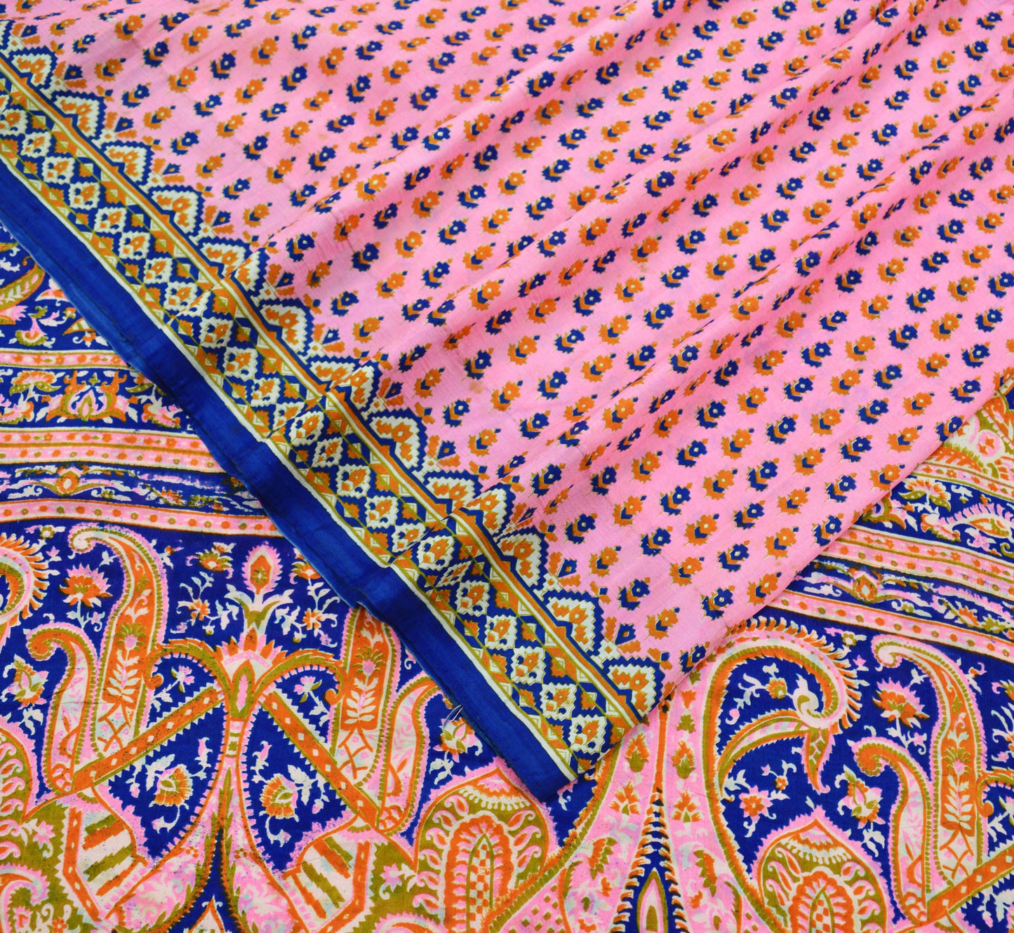 Indian Vintage Sari Pink & Blue 100% Pure Silk Printed Sarees Craft Fabric 5yd Sewing Soft Floral DressMaking Quilting Crafting Upcycle