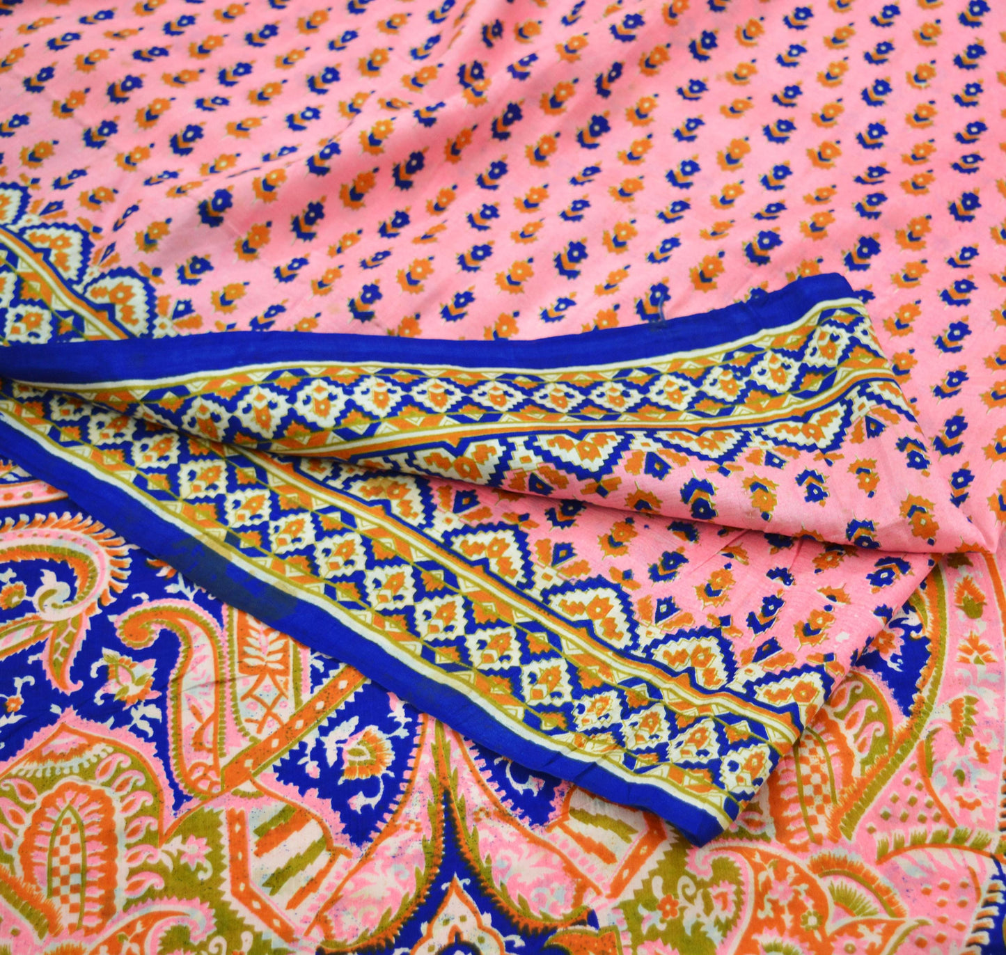 Indian Vintage Sari Pink & Blue 100% Pure Silk Printed Sarees Craft Fabric 5yd Sewing Soft Floral DressMaking Quilting Crafting Upcycle