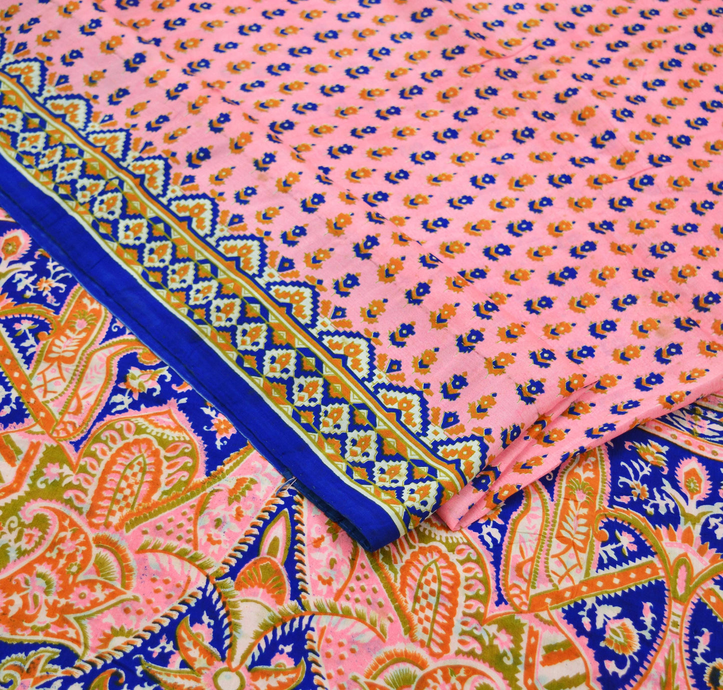 Indian Vintage Sari Pink & Blue 100% Pure Silk Printed Sarees Craft Fabric 5yd Sewing Soft Floral DressMaking Quilting Crafting Upcycle