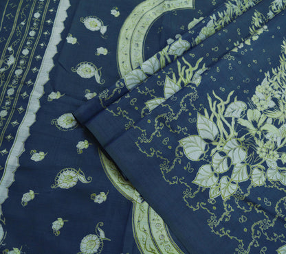 Indian Vintage Sari Deep Blue 100% Pure Silk Printed Sarees 5yd Sewing Craft Fabric Dress Making Floral Wrap used Quilting Crafting Upcycle