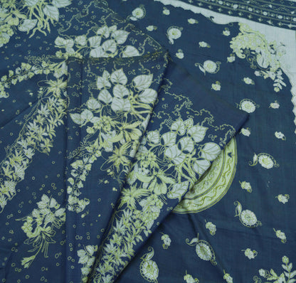 Indian Vintage Sari Deep Blue 100% Pure Silk Printed Sarees 5yd Sewing Craft Fabric Dress Making Floral Wrap used Quilting Crafting Upcycle