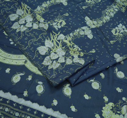 Indian Vintage Sari Deep Blue 100% Pure Silk Printed Sarees 5yd Sewing Craft Fabric Dress Making Floral Wrap used Quilting Crafting Upcycle