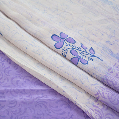 Indian Vintage Sari Ivory & Purple Saree Pure Crepe Silk Printed Sarees 5yd Sewing Floral Soft Craft Fabric Wrap Crafting Dress making