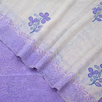 Indian Vintage Sari Ivory & Purple Saree Pure Crepe Silk Printed Sarees 5yd Sewing Floral Soft Craft Fabric Wrap Crafting Dress making