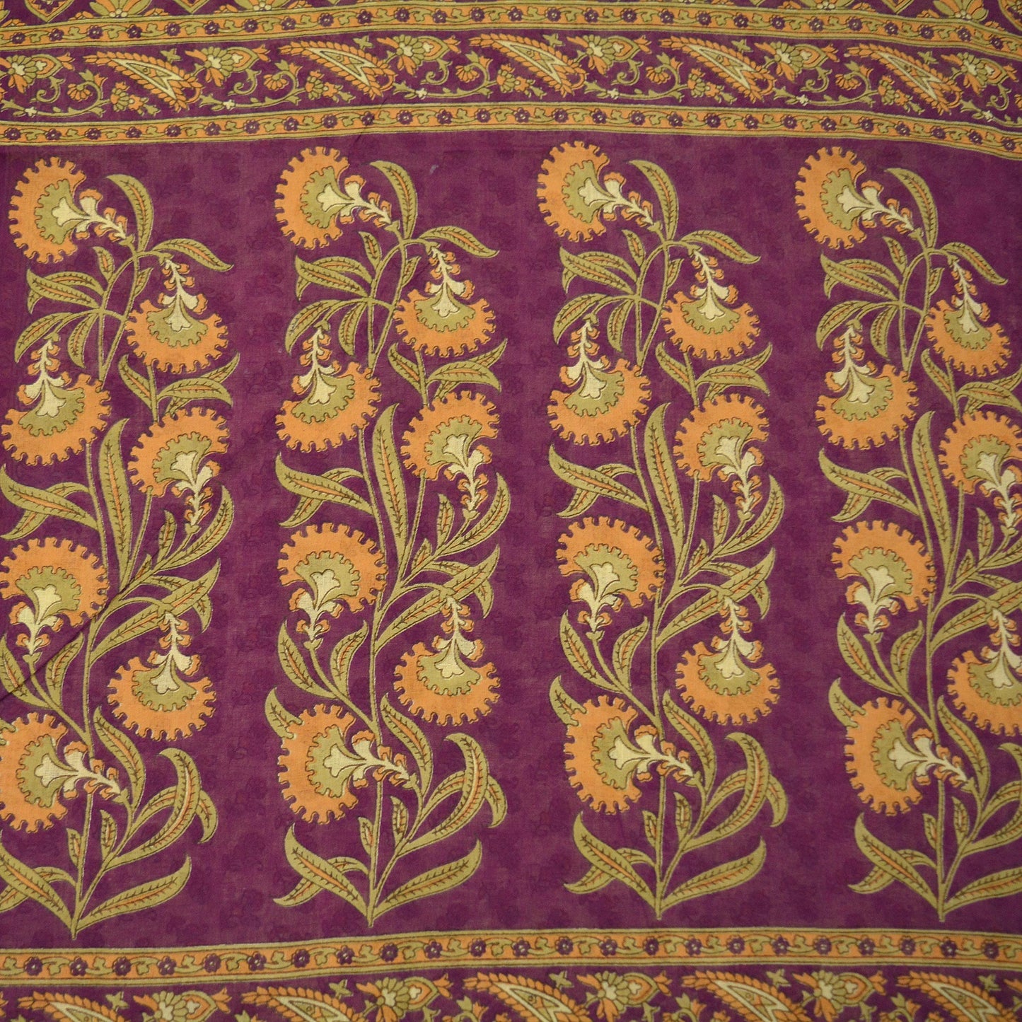 Indian Vintage Sari Beige & Purple Pure Cotton Printed Sarees Craft Fabric Soft 5Yd Sarong Wrap Boho Fabric Kimono Quilting Crafting Upcycle