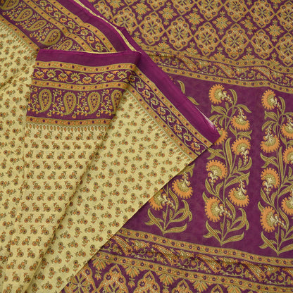 Indian Vintage Sari Beige & Purple Pure Cotton Printed Sarees Craft Fabric Soft 5Yd Sarong Wrap Boho Fabric Kimono Quilting Crafting Upcycle