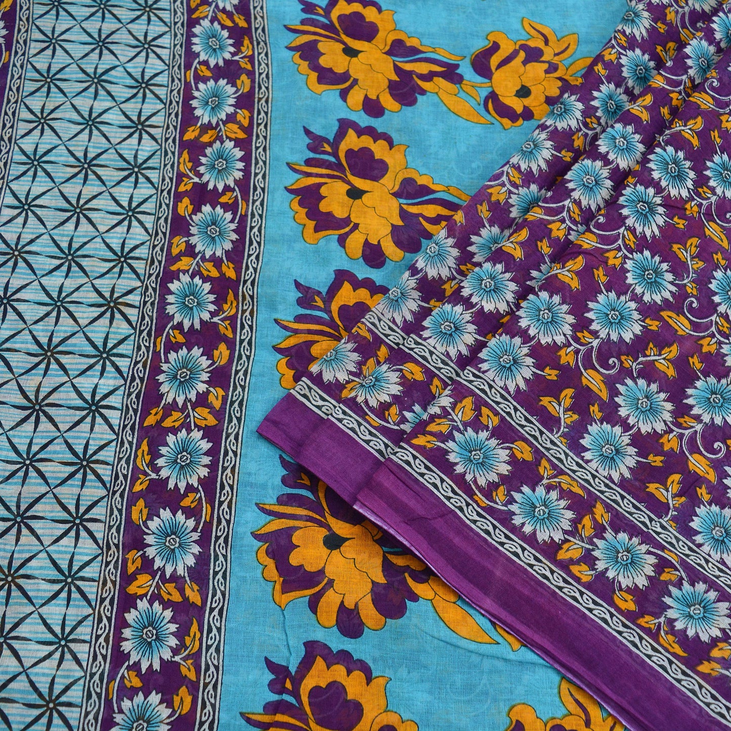 Indian Vintage Sari Purple & Blue Printed Sarees Pure Cotton Craft Fabric 5Yd Soft Sewing Sarong Wrap Boho Upcycle Quilting Crafting Used