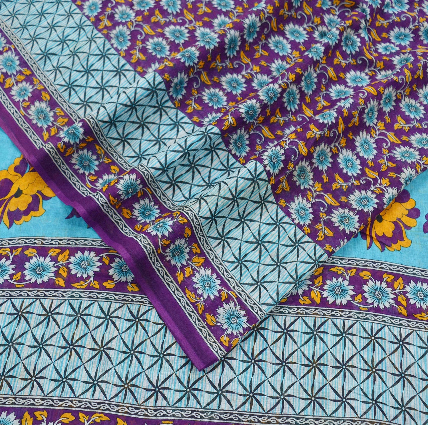 Indian Vintage Sari Purple & Blue Printed Sarees Pure Cotton Craft Fabric 5Yd Soft Sewing Sarong Wrap Boho Upcycle Quilting Crafting Used