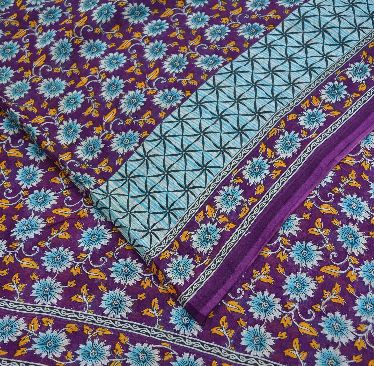 Indian Vintage Sari Purple & Blue Printed Sarees Pure Cotton Craft Fabric 5Yd Soft Sewing Sarong Wrap Boho Upcycle Quilting Crafting Used