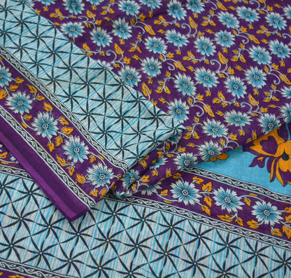 Indian Vintage Sari Purple & Blue Printed Sarees Pure Cotton Craft Fabric 5Yd Soft Sewing Sarong Wrap Boho Upcycle Quilting Crafting Used