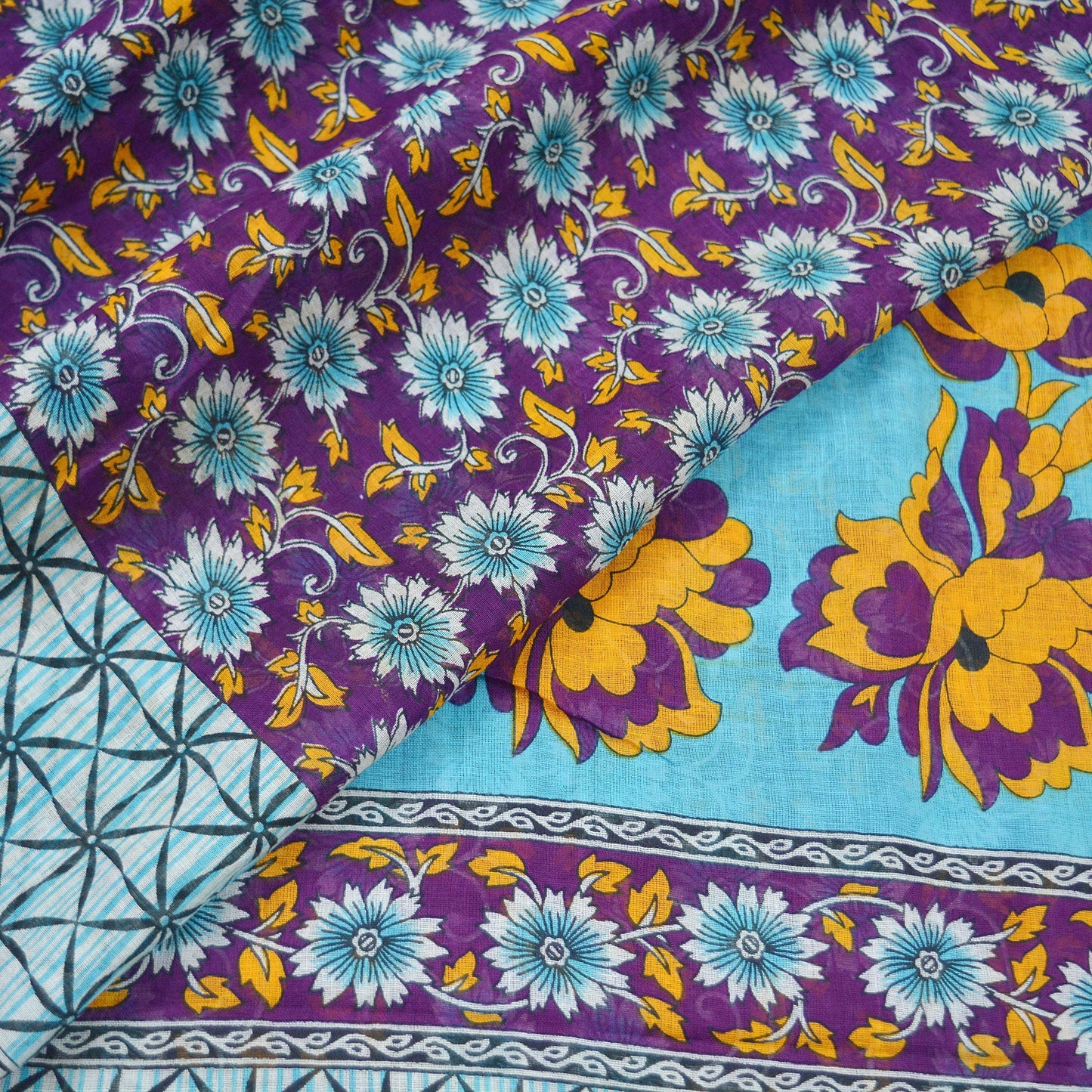 Indian Vintage Sari Purple & Blue Printed Sarees Pure Cotton Craft Fabric 5Yd Soft Sewing Sarong Wrap Boho Upcycle Quilting Crafting Used