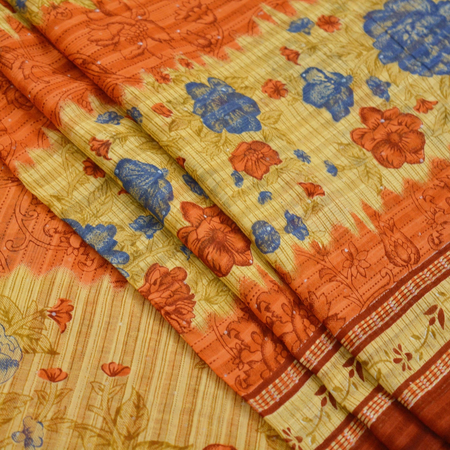 Indian Vintage Sari Orange & Beige Printed Saree 100% Pure Cotton Craft Fabric 5Yd Soft Sewing Sarong Wrap Floral Upcycle Crafting Quilting