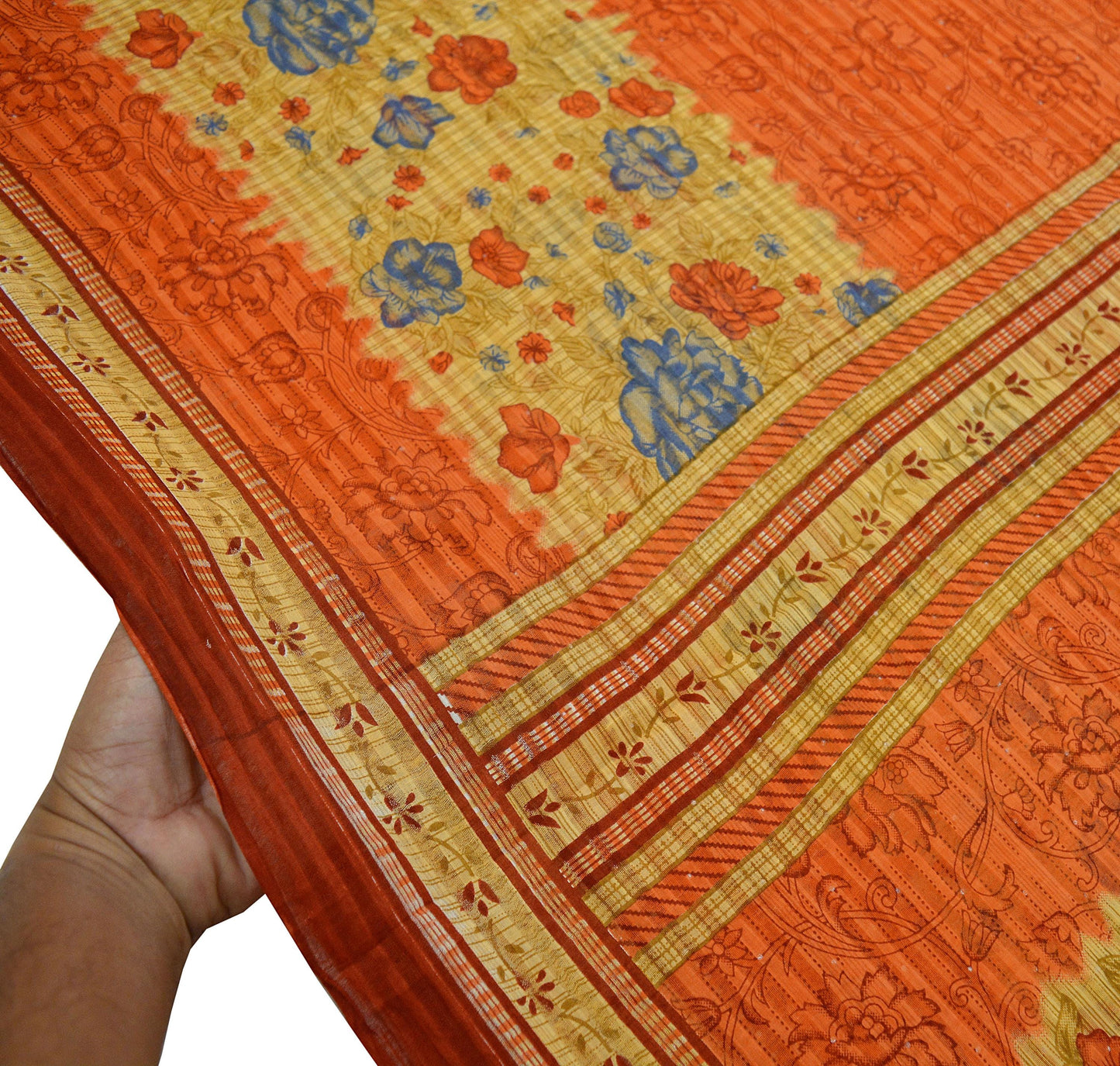 Indian Vintage Sari Orange & Beige Printed Saree 100% Pure Cotton Craft Fabric 5Yd Soft Sewing Sarong Wrap Floral Upcycle Crafting Quilting