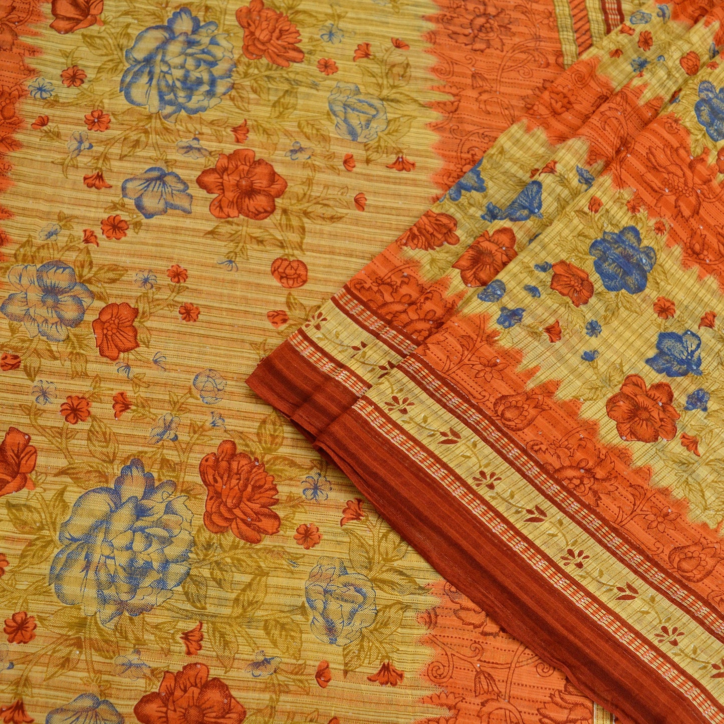 Indian Vintage Sari Orange & Beige Printed Saree 100% Pure Cotton Craft Fabric 5Yd Soft Sewing Sarong Wrap Floral Upcycle Crafting Quilting