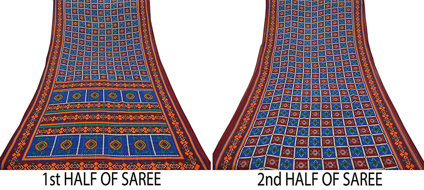 Indian Vintage Sari Printed Saree Pure Cotton Craft Fabric Soft 5Yd Sewing Sarong Wrap Boho Geometric Upcycle Quilting