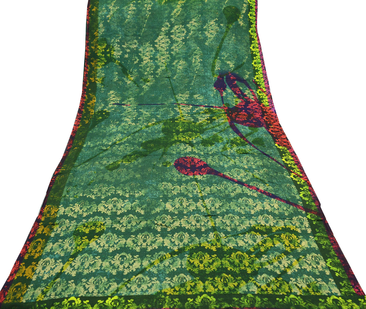 Vintage Sari Green Blend Georgette  Digital Printed Sarees Sewing 5yd Soft Craft Fabric Floral Crafting Dress Making Quilting Crafting Used