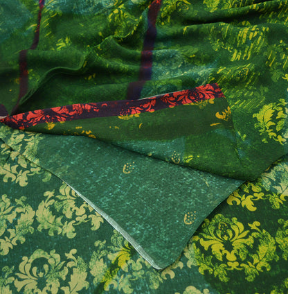 Vintage Sari Green Blend Georgette  Digital Printed Sarees Sewing 5yd Soft Craft Fabric Floral Crafting Dress Making Quilting Crafting Used