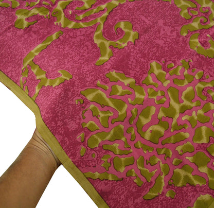 Indian Vintage Sari Green & Pink Pure Crepe Silk Printed Saree 5yd Sewing Craft Fabric Abstract Soft Wrap Dress Making Quilting Crafting