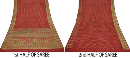 Indian Vintage Heavy Wedding Sari Red Pure Satin Silk Woven Brocade Banarasi Sarees Zari 5Yd Ethnic Craft fabric Dress making Crafting Used