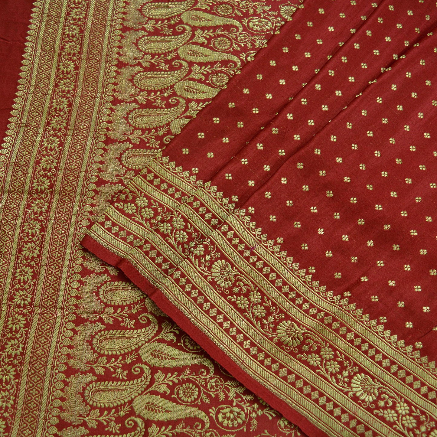 Indian Vintage Heavy Wedding Sari Red Pure Satin Silk Woven Brocade Banarasi Sarees Zari 5Yd Ethnic Craft fabric Dress making Crafting Used