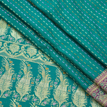 Indian Vintage Sari Heavy Wedding Green Pure Satin Silk Woven Brocade Banarasi Sarees Zari 5Yd Craft Fabric Dress Making Sewing Quilting